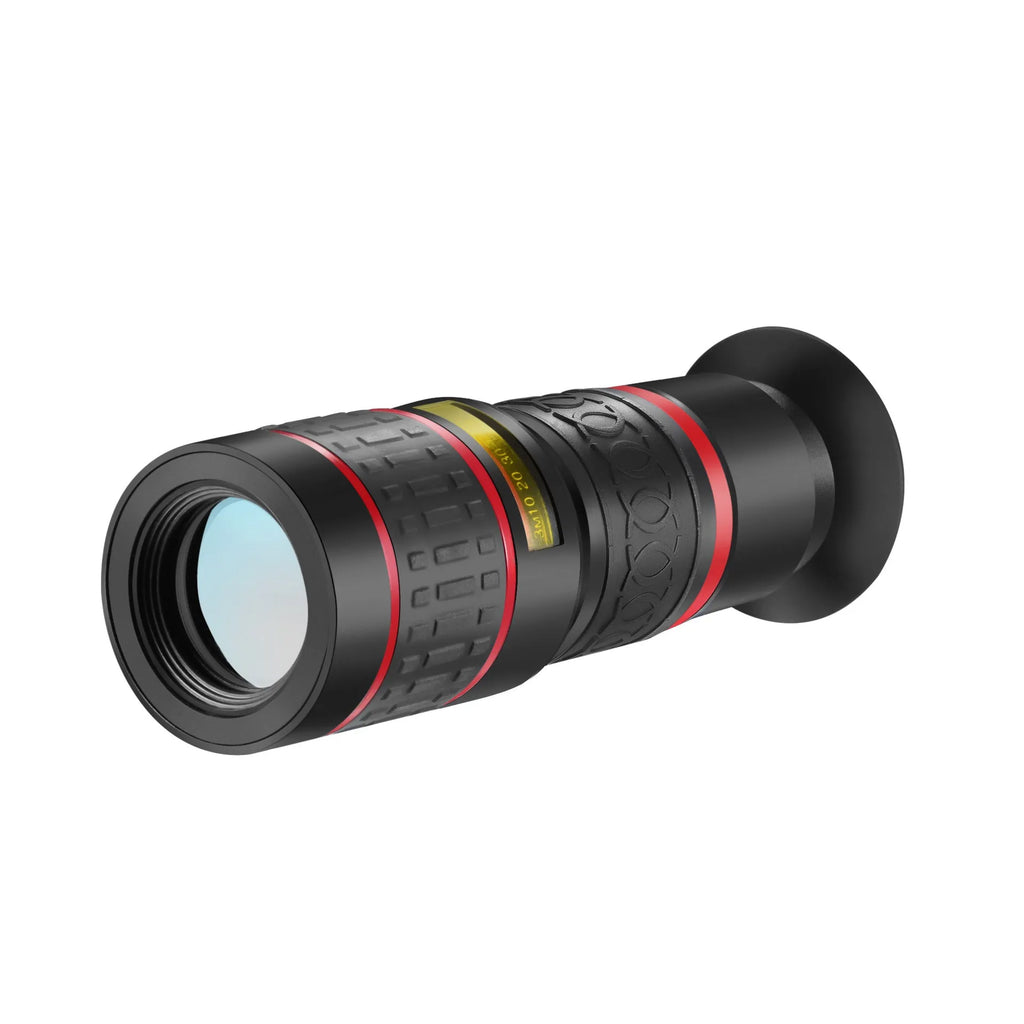 20x magnification smartphone telescope attachment with universal mounting clip and single-eye mask on a white background.
