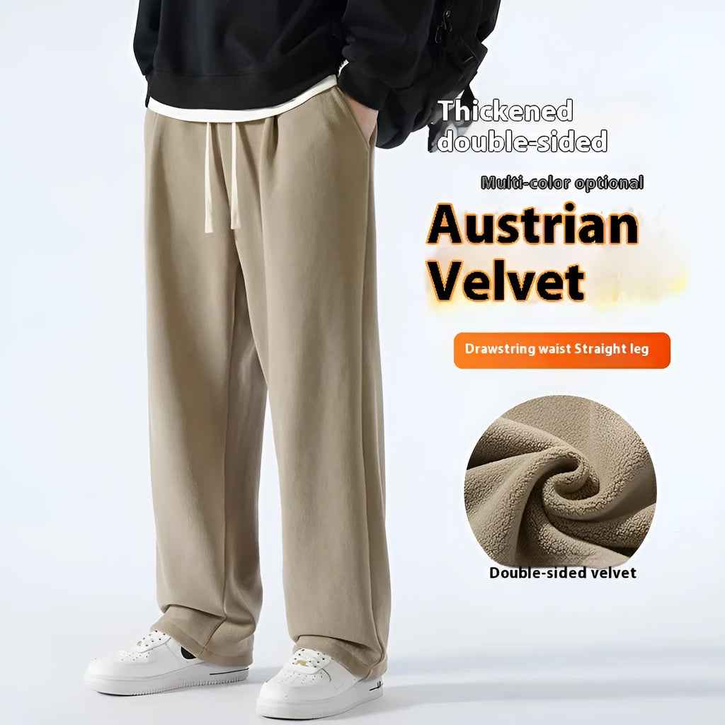 Men's apricot coloured double-sided polar fleece winter pants with a loose fit and drawstring waist.