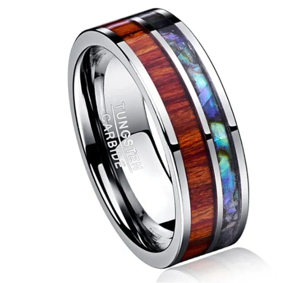 8mm wide tungsten steel ring with polished wood grain finish on a white background