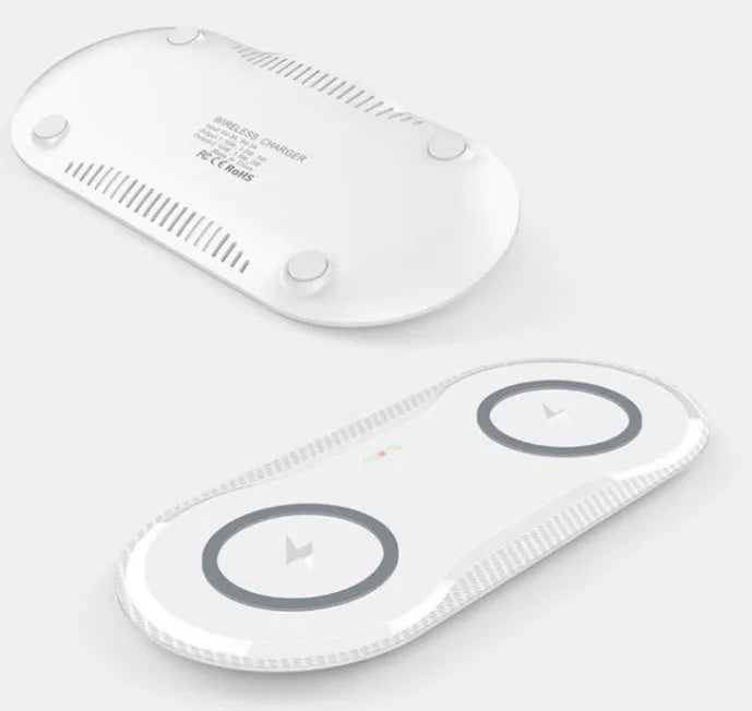 Black and white dual wireless charging pad showing two phone charging positions with Type-C cable