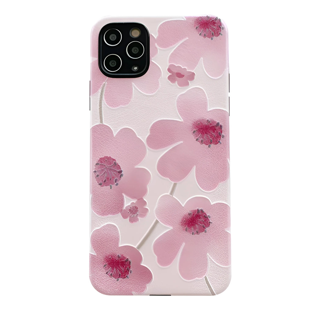 Pink flower pattern soft rubber iPhone case with lanyard hole