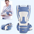 Baby waist stool carrier in blue with breathable mesh, adjustable waistband 71-110cm, cotton fabric