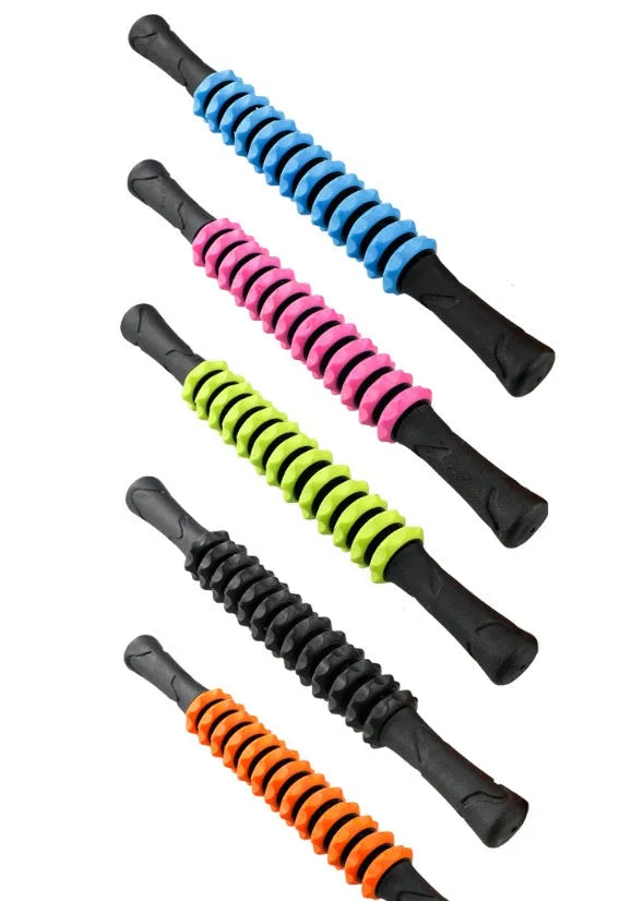 Yoga massage bar M4 in black with adjustable rolling parts on a blue background