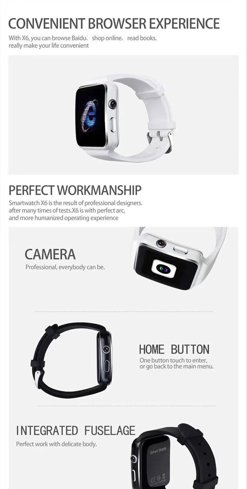 Smart watch with 1.54 inch touchscreen on a silicone strap, shown in black colour.