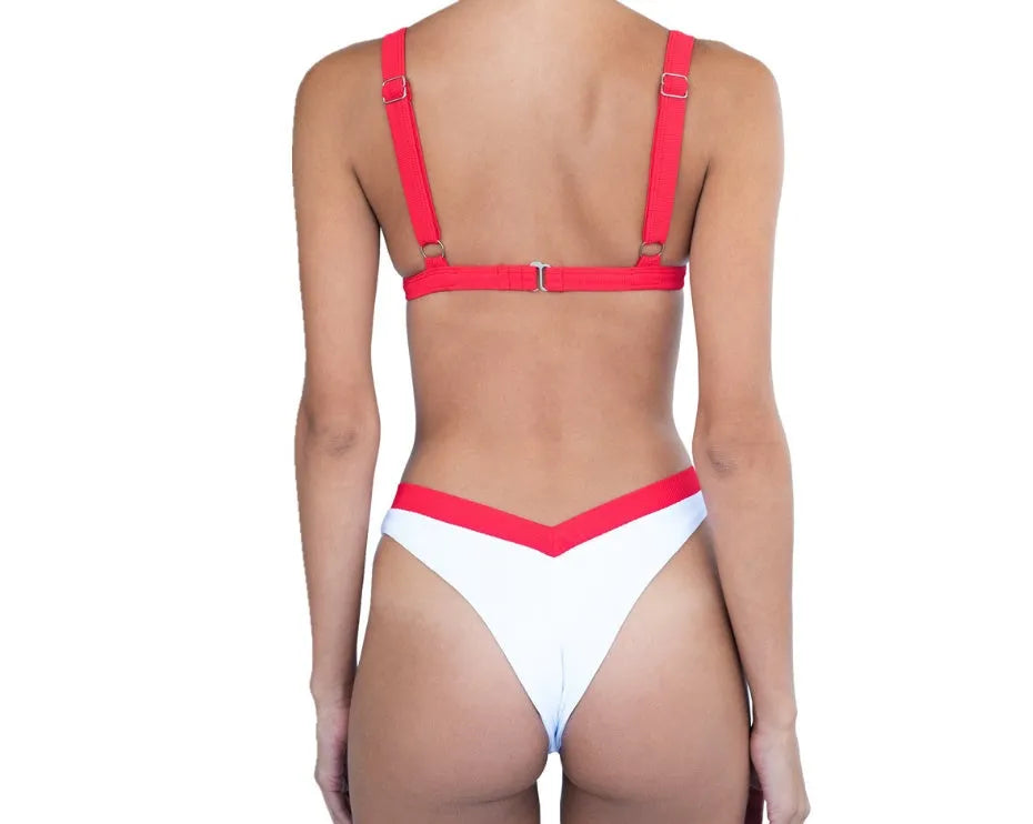 Women's deep V split bikini in nylon, available in multiple colours for summer swimwear