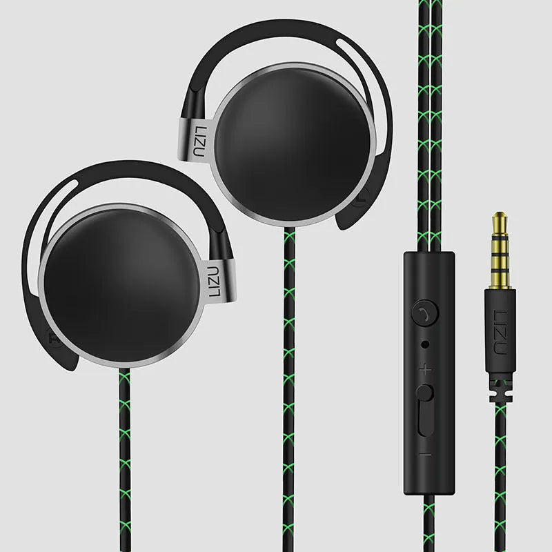 Wired ear-hook headphones with 3.5mm plug, 30mm driver, black sponge earpads, and TPE cable
