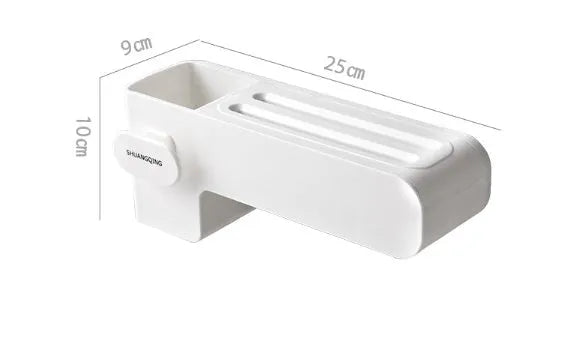 White plastic kitchen knife rack on countertop with dimensions 26 cm height