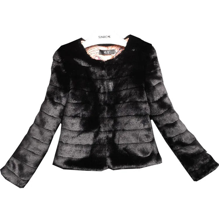 Women's short-length faux fur top in beige, shown on a model as part of a street fashion outfit.