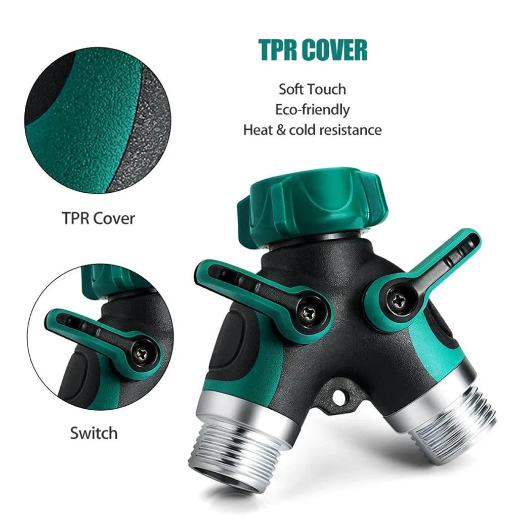 Green Y type double-pass splitter, plastic body with TPR double encapsulation, 94 x 91 x 55mm, with seals and nipple joints
