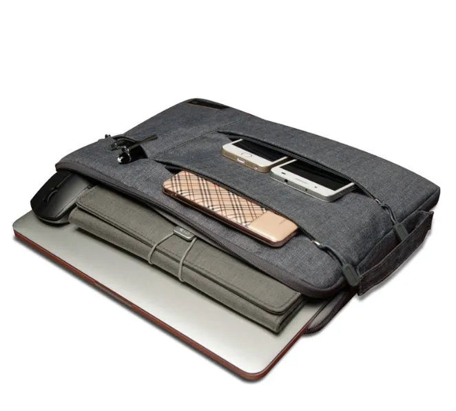 Shockproof nylon laptop case with zipper and multiple internal compartments in black