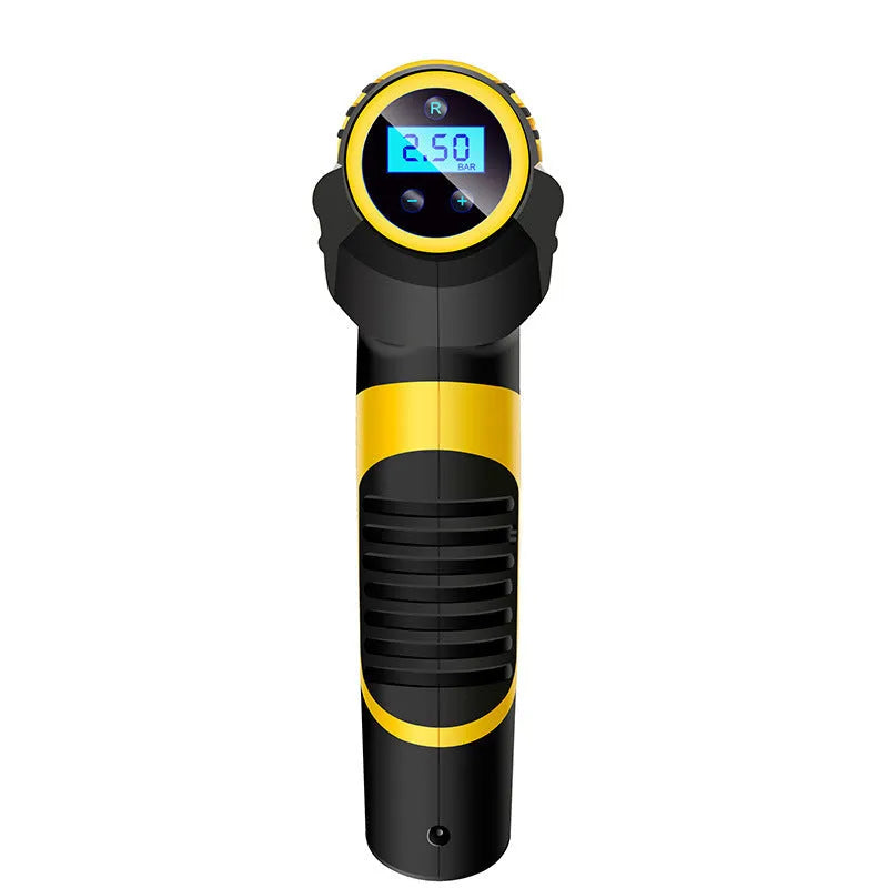 Automatic portable handheld digital LED car air compressor with hose and connectors on black background