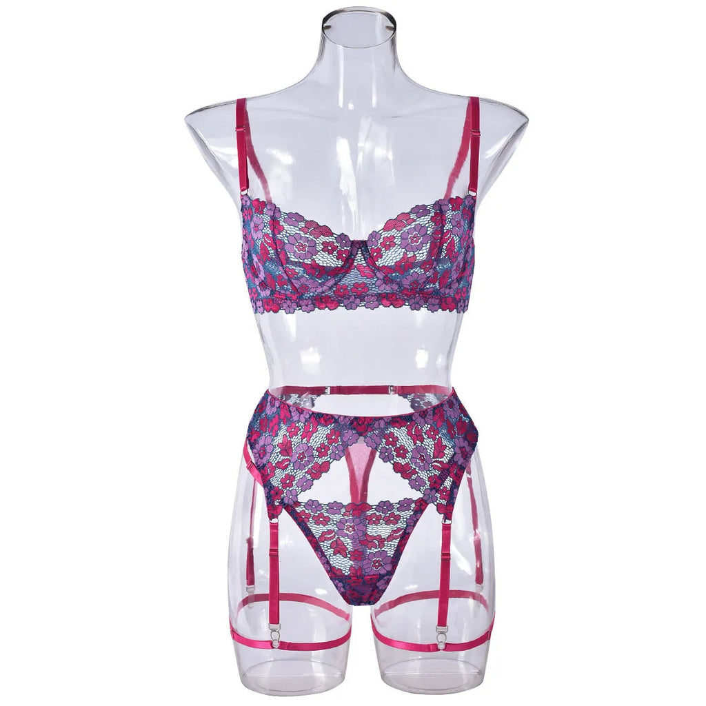 Women's rose red embroidered bikini set with contrast colour design on polyester fabric