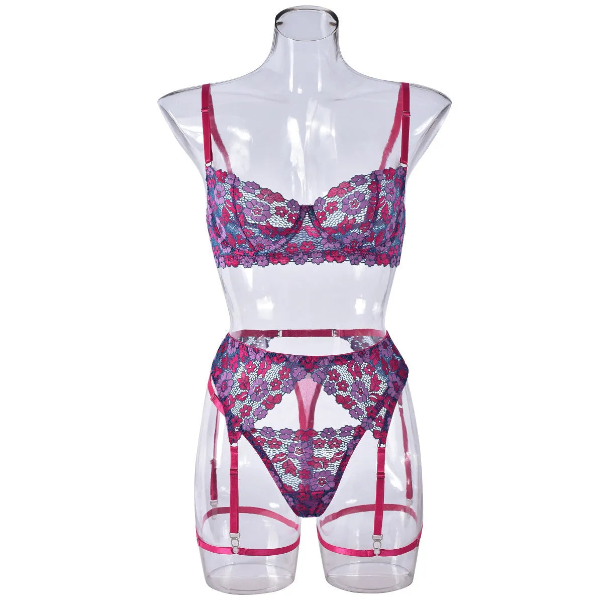 Women's rose red embroidered bikini set with contrast colour design on polyester fabric