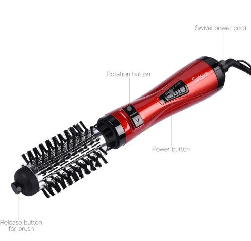 Red 2 in 1 hair dryer rotary brush styling tool with 3-speed control and 360-degree plug