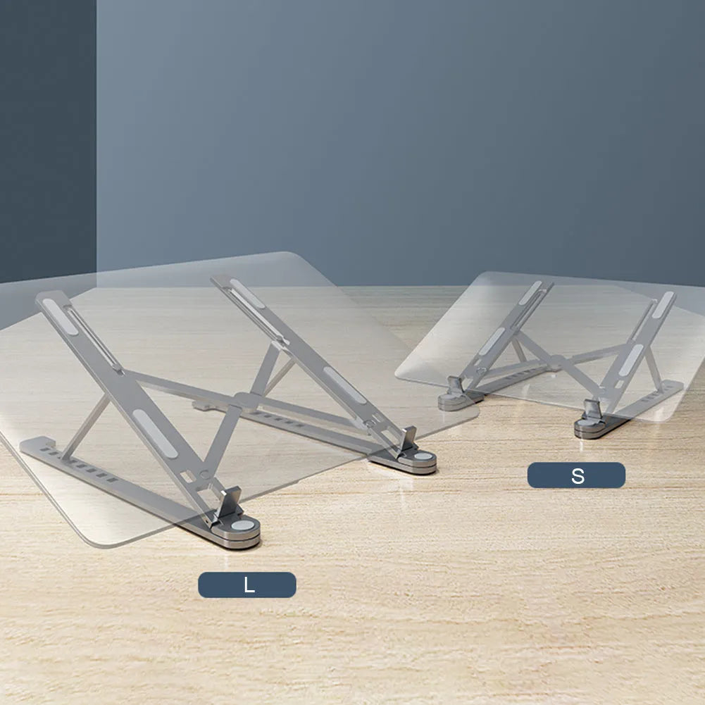 Aluminium foldable laptop stand in silver colour, shown elevated with a laptop on top