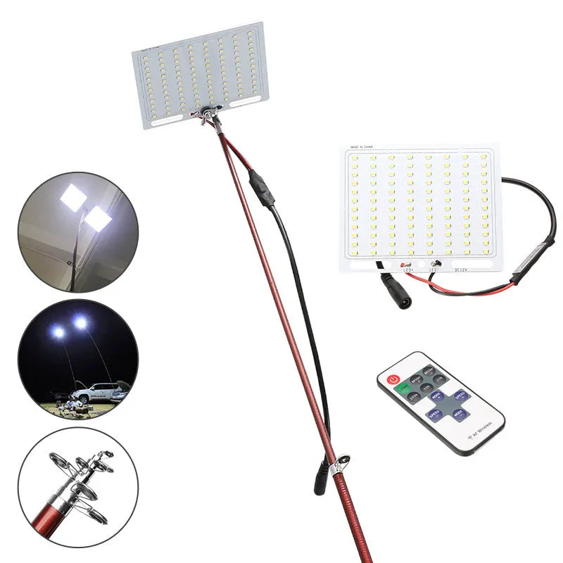 White LED fishing rod light unit on a tall telescopic pole with a remote control for outdoor use.
