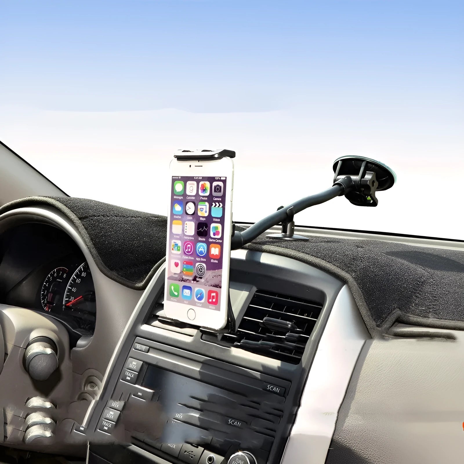 Black universal 4-12 inch car tablet holder with long-rod suction cup mounted on a dashboard.