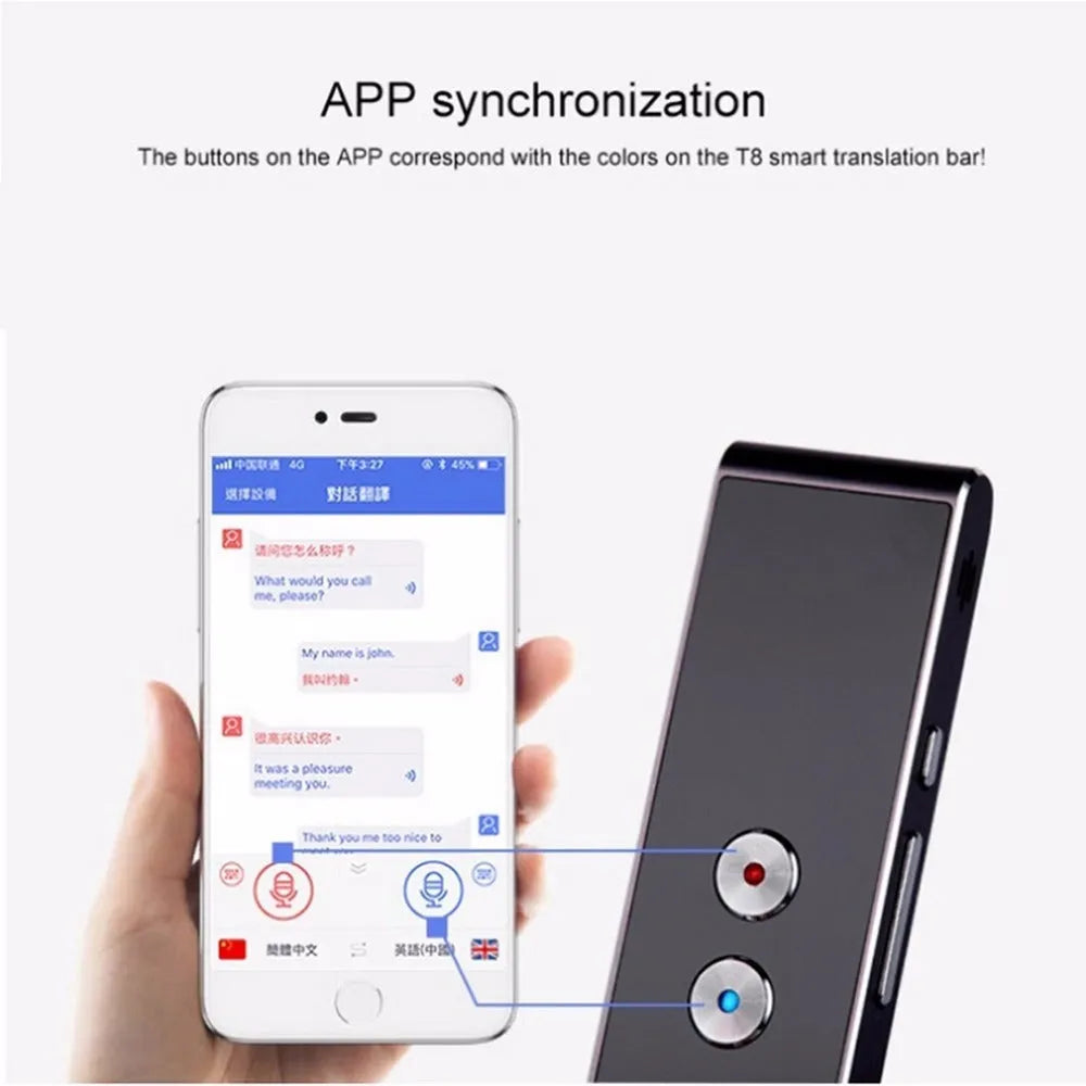 Portable voice translator device with Bluetooth, 30+ languages, and rechargeable battery, 123x36x12mm