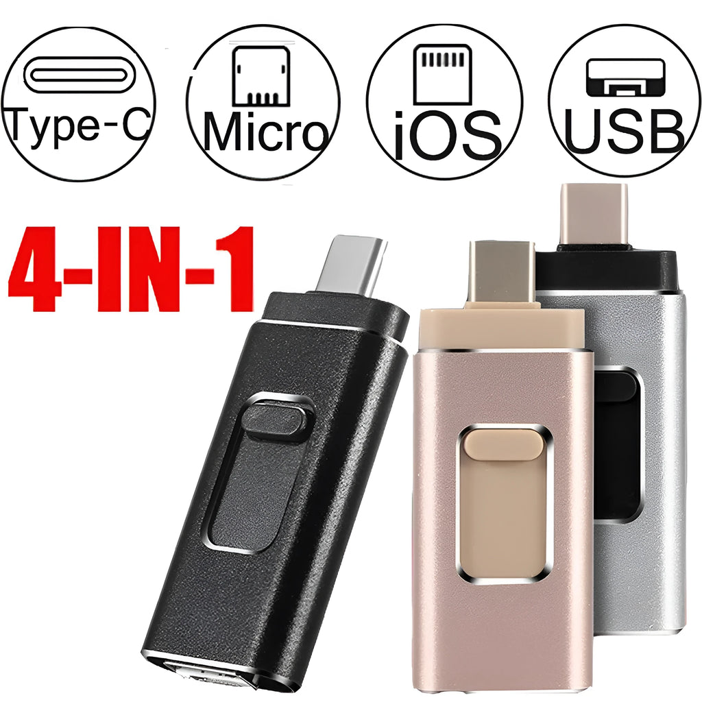 4 in 1 memory stick with USB and Type C connectors, compatible with iPhone and Android, black colour