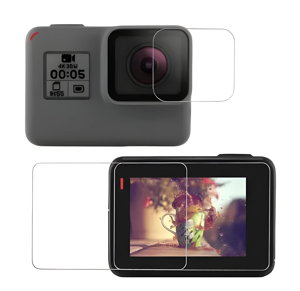 Transparent tempered glass screen and lens protector kit for GoPro Hero 5, 6, and 7 cameras.