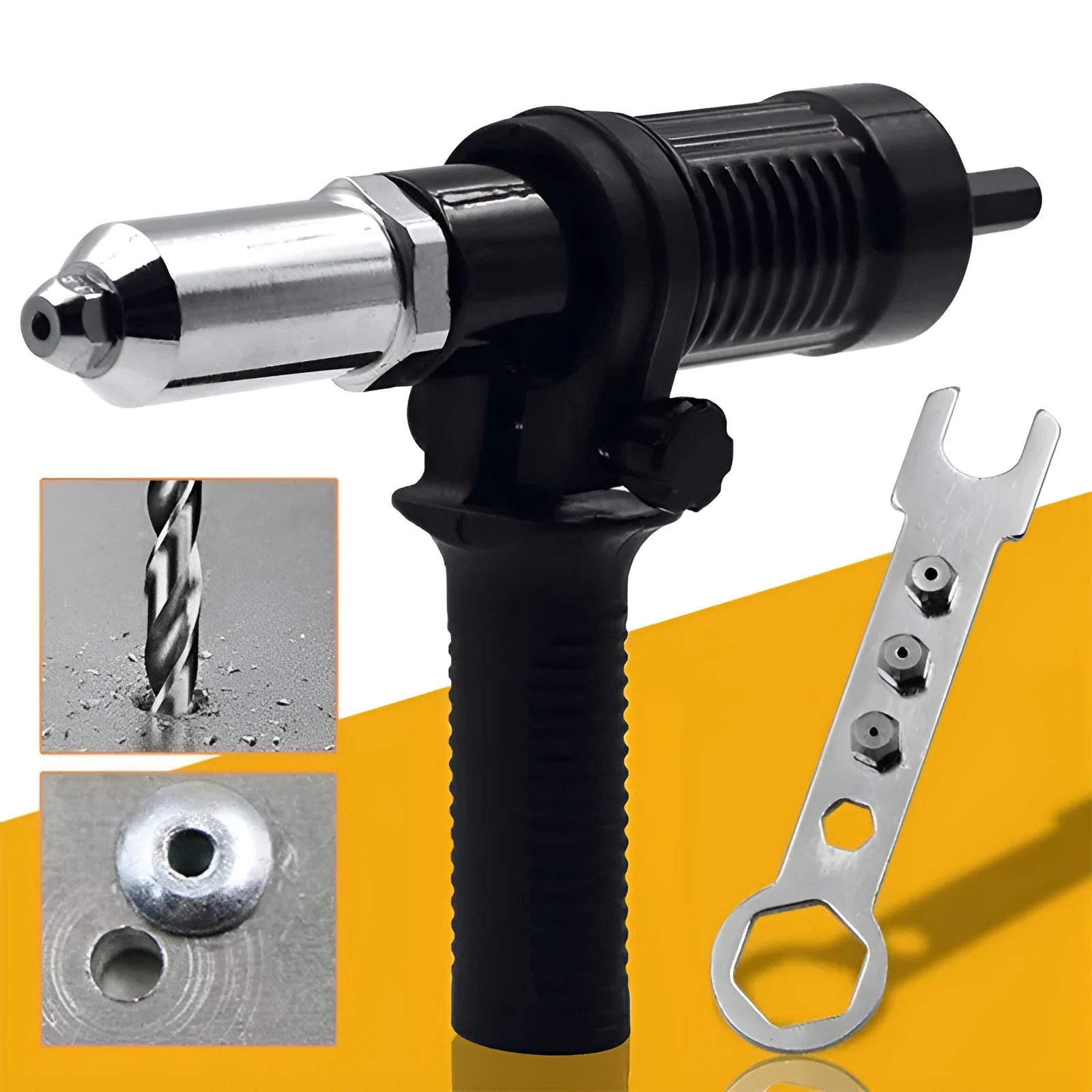 Black metal electric drill rivet gun conversion tool with handle and wrench.