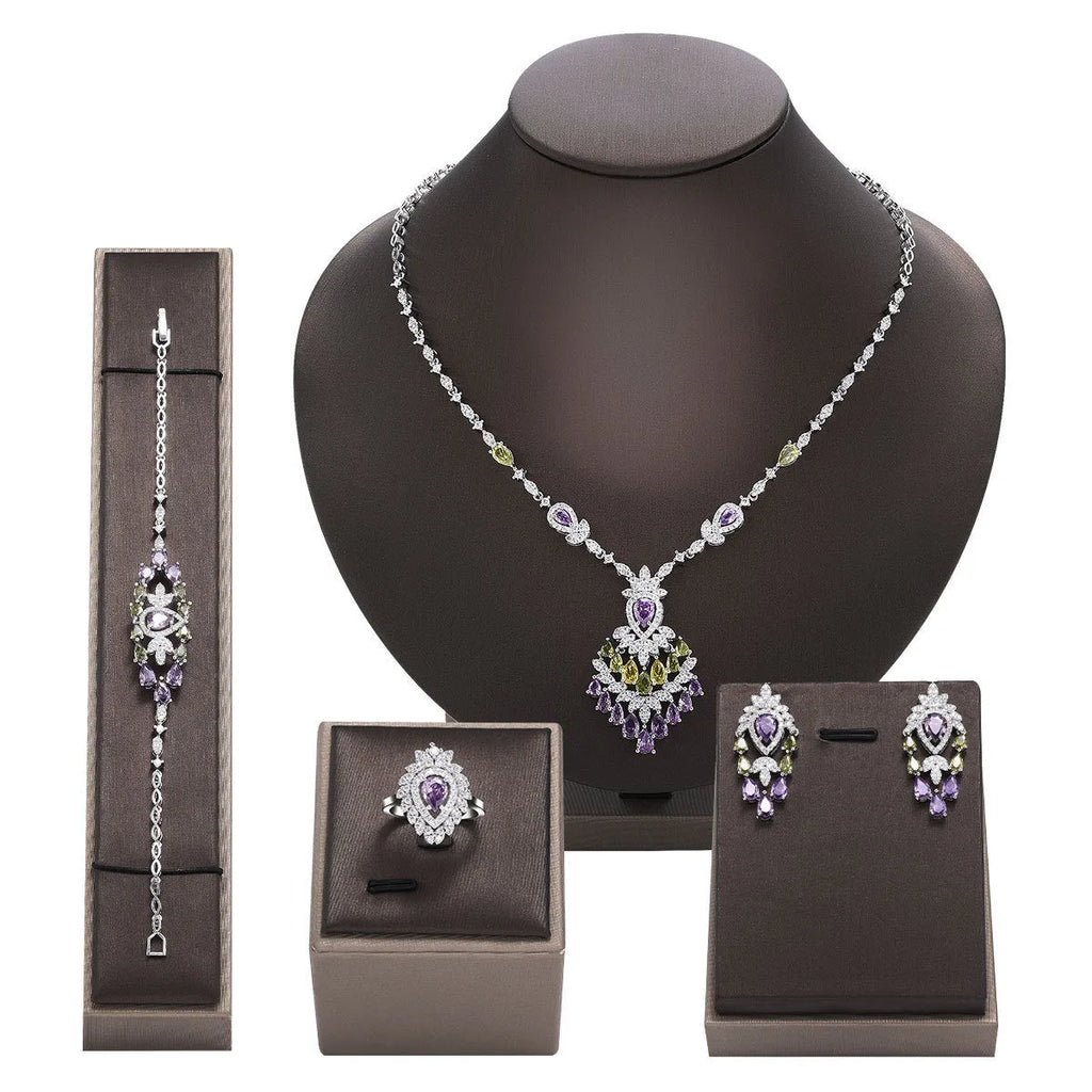 White colour zirconium jewellery 4-piece set with plants and flowers pattern, including necklace earrings ring and bracelet