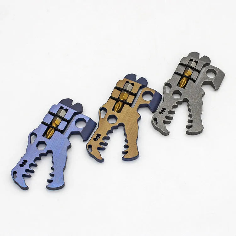 Grey TC4 titanium dinosaur head survival tool 78x42x5mm on a grey background