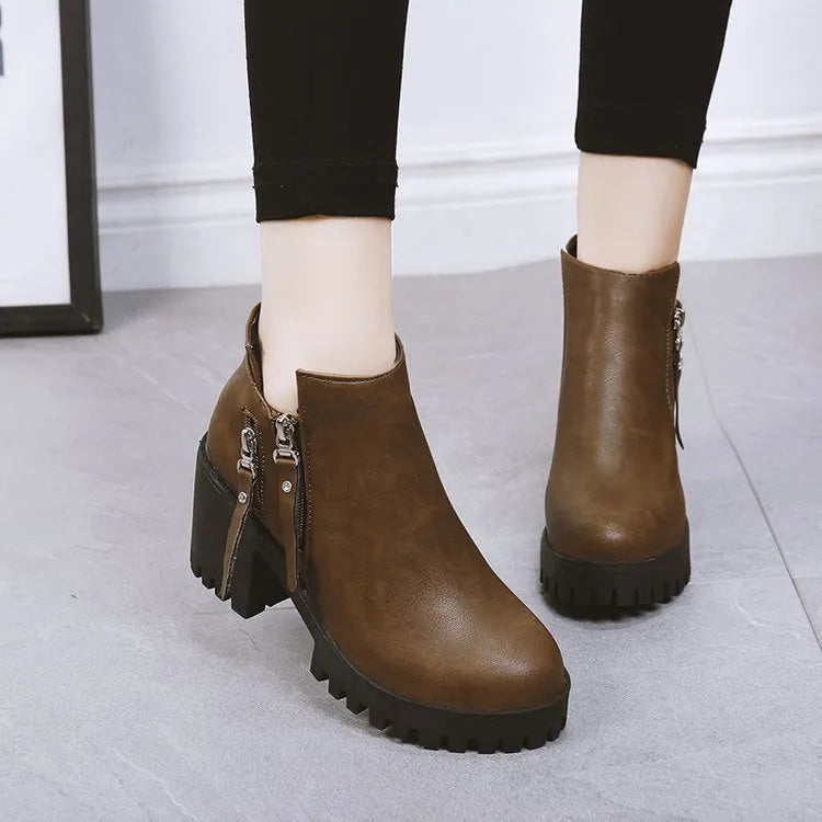 Women's chunky heel platform booties in khaki with rivet detail and mid-calf shaft