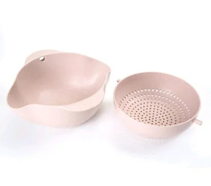 Kitchen plastic double-deck washing basket in blue with sieve insert for draining rice and fruit