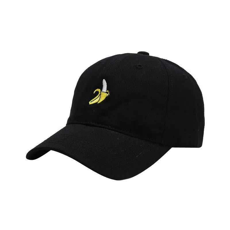 Adjustable black baseball cap with white banana embroidery on the front.