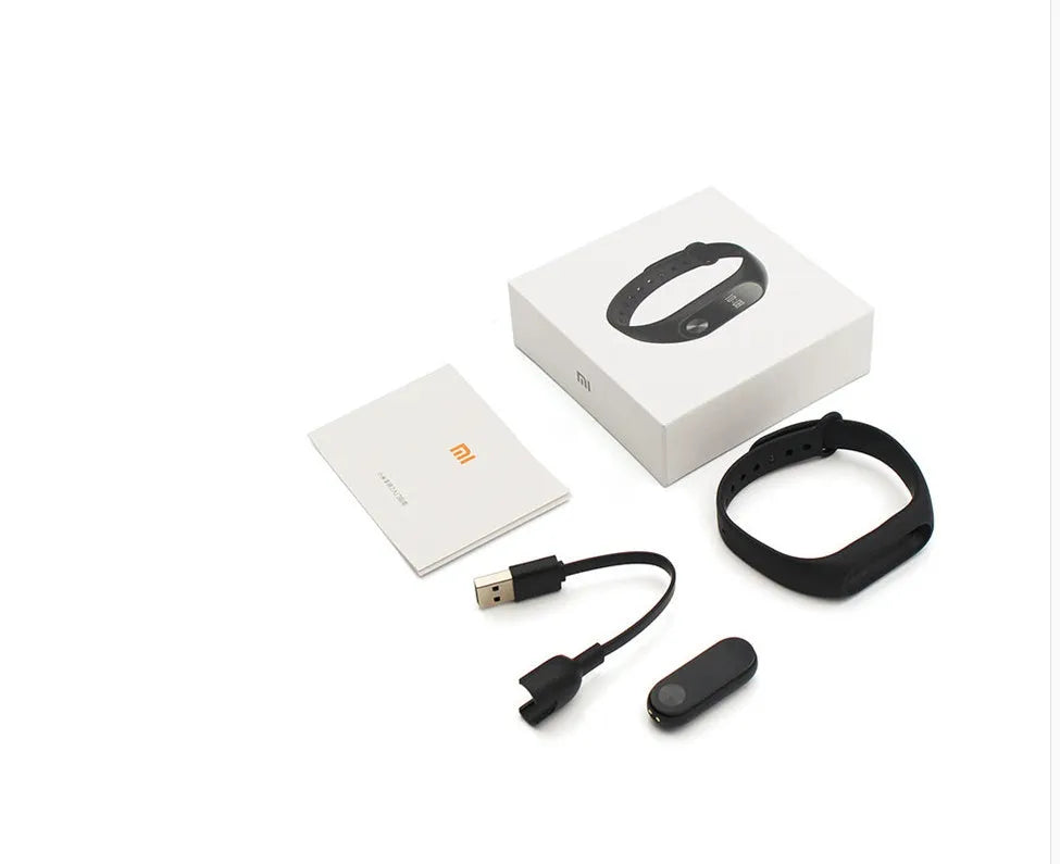 Xiaomi Mi Band 2 black fitness tracker with OLED screen on adjustable wrist strap