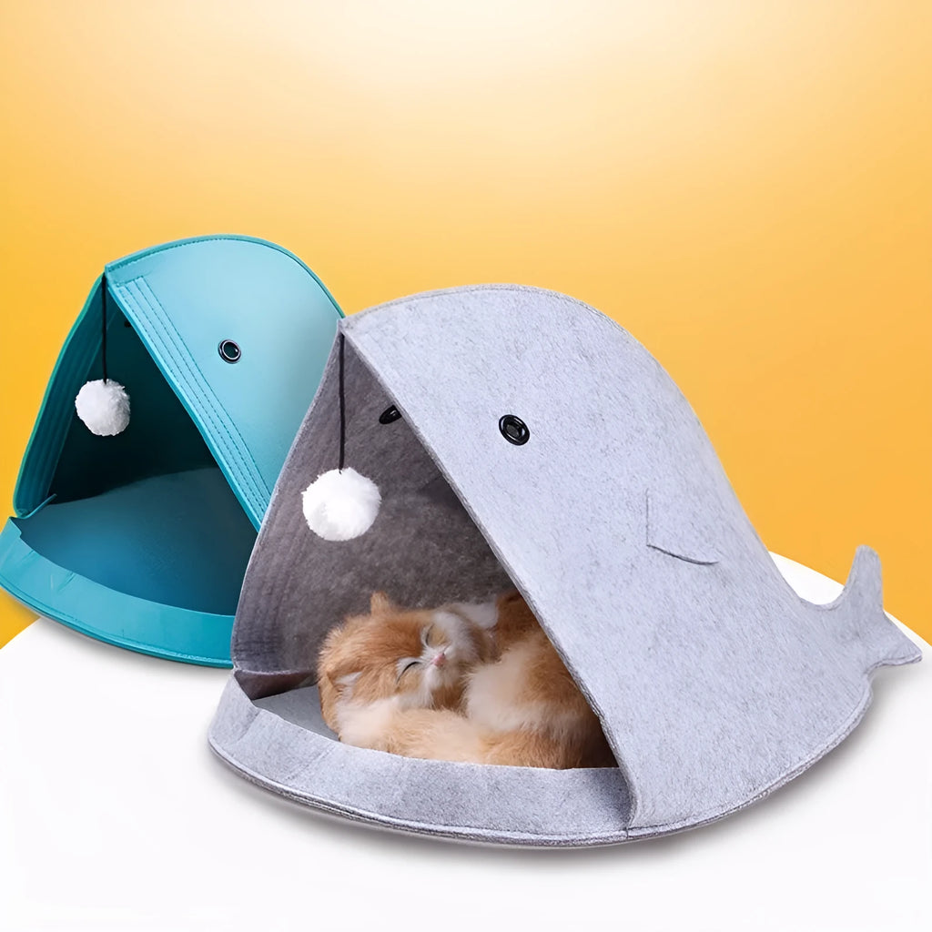 Foldable felt pet nest in blue, size 40x40x50cm, made from non-woven felt, tear resistant and washable