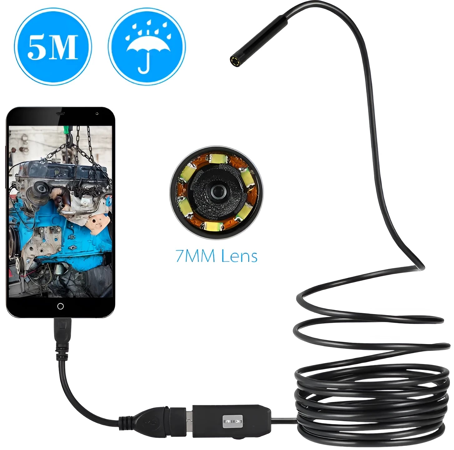 OWSOO USB endoscope camera with flexible tube, 6 LEDs, and attachments including hook and magnet