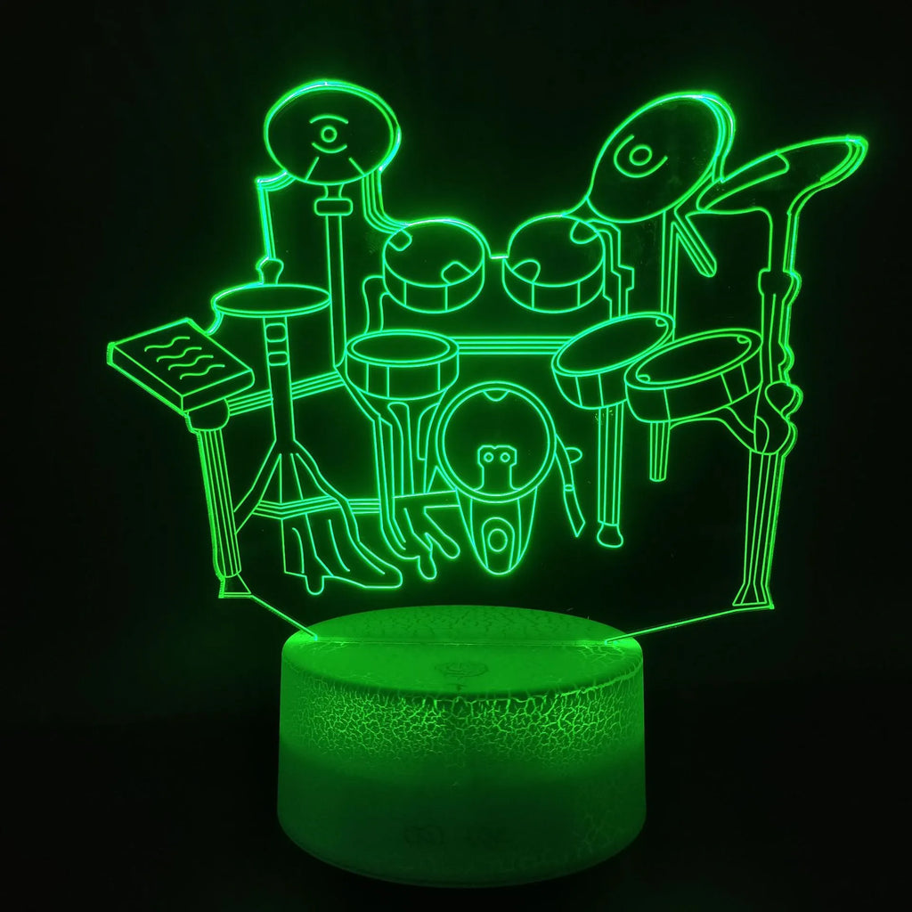 Drum kit 3D night light showing seven colour modes with acrylic panel and ABS base