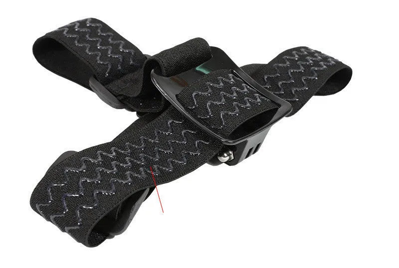 Head-mounted phone holder with screws showing adjustable angle and stretch nylon strap on a black background