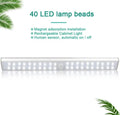 Silver rechargeable LED strip light with motion sensor, shown in three different lengths on a magnetic surface.