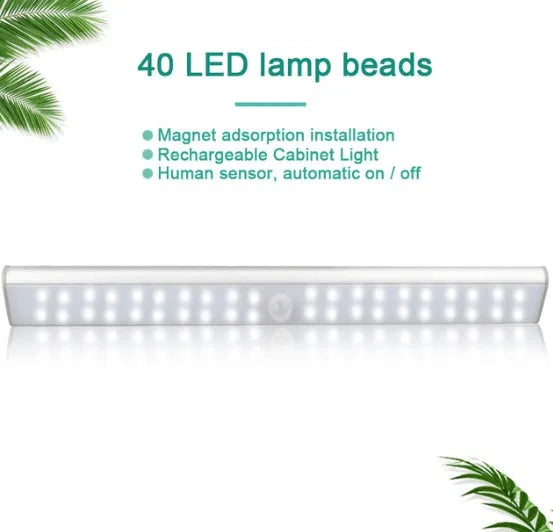 Silver rechargeable LED strip light with motion sensor, shown in three different lengths on a magnetic surface.