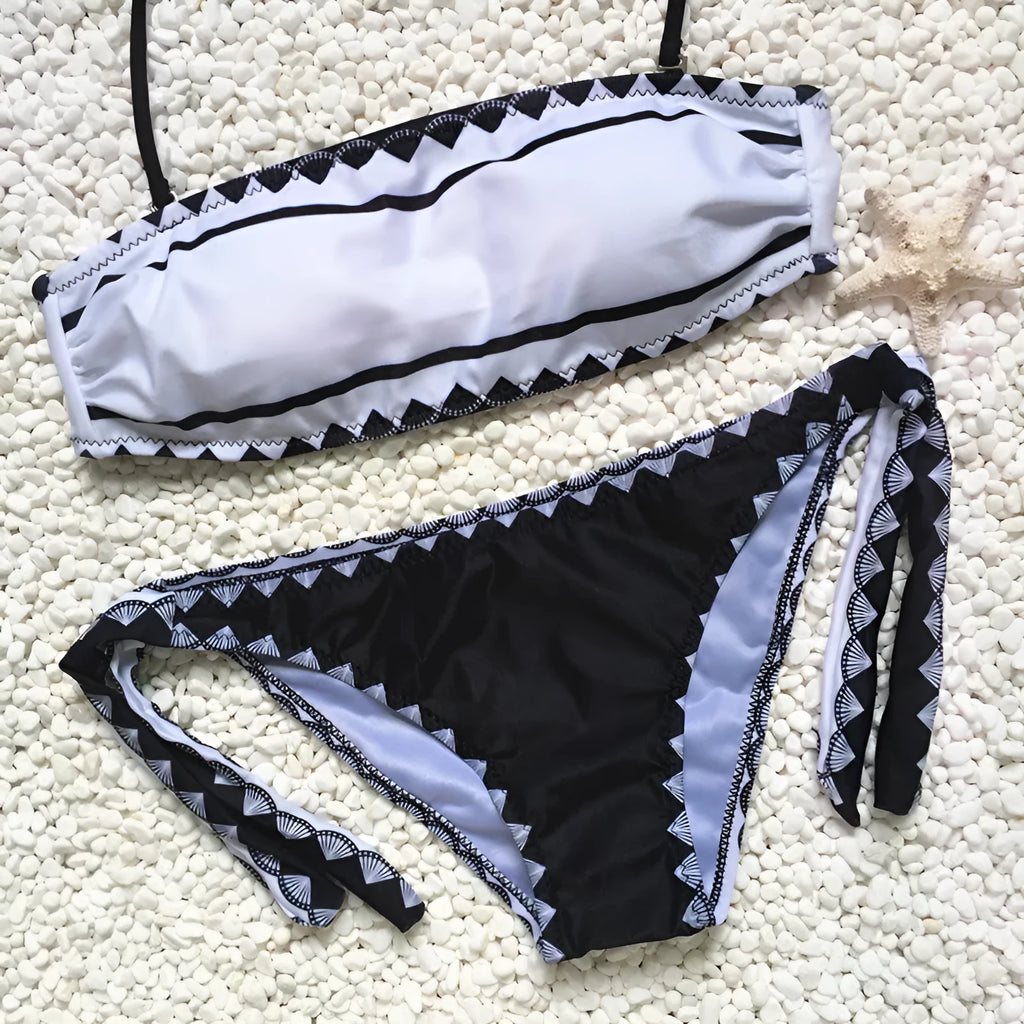 Sexy black strapless bikini set for women with tie side bottom and gathered front top