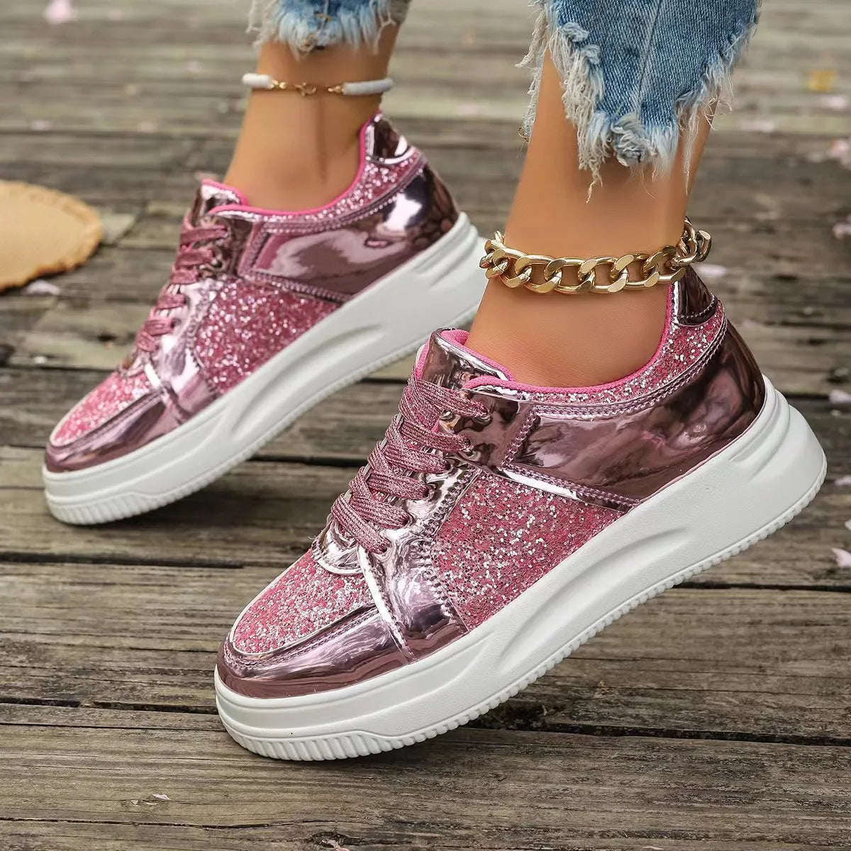 Women's fashion lace-up flat shoes with sequin design, round toe, thick bottom, in silver colour, on a plain background