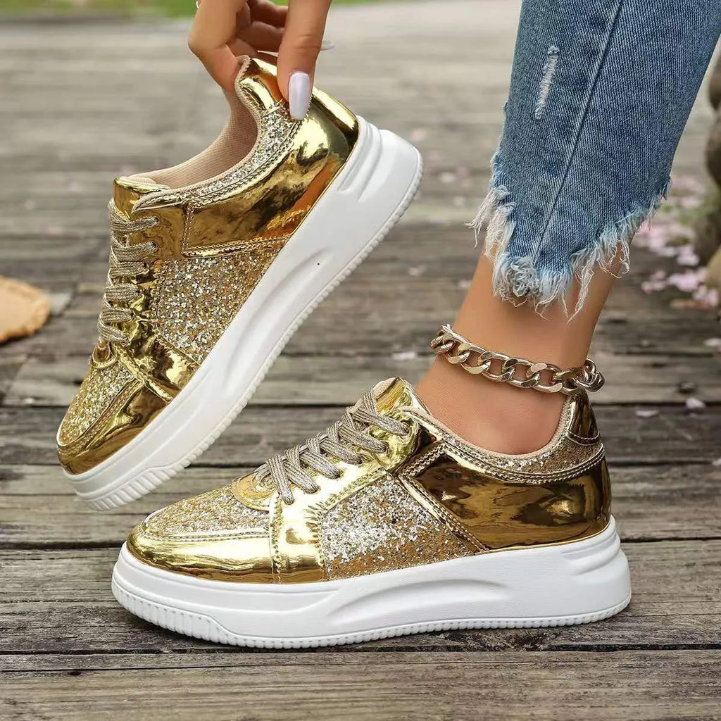Women's fashion lace-up flat shoes with sequin design, round toe, thick bottom, in silver colour, on a plain background