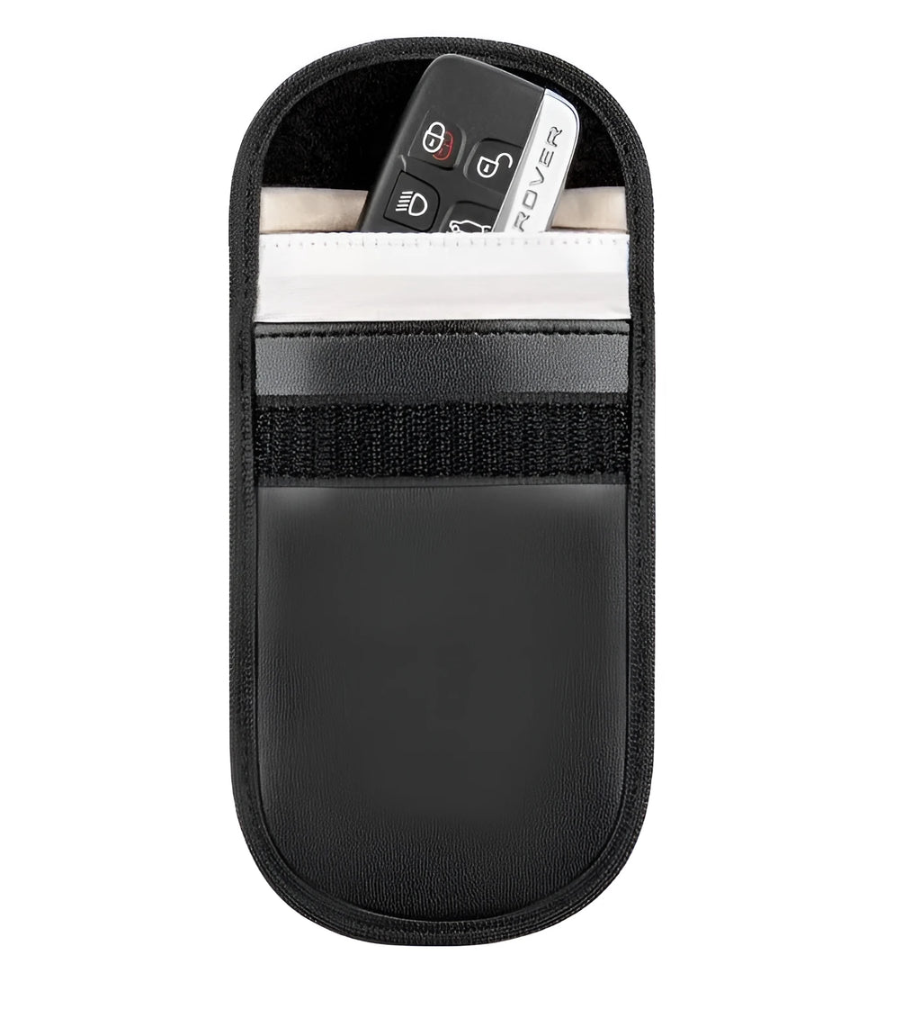Black microfiber faraday bag for blocking car key fob and RFID card signals.