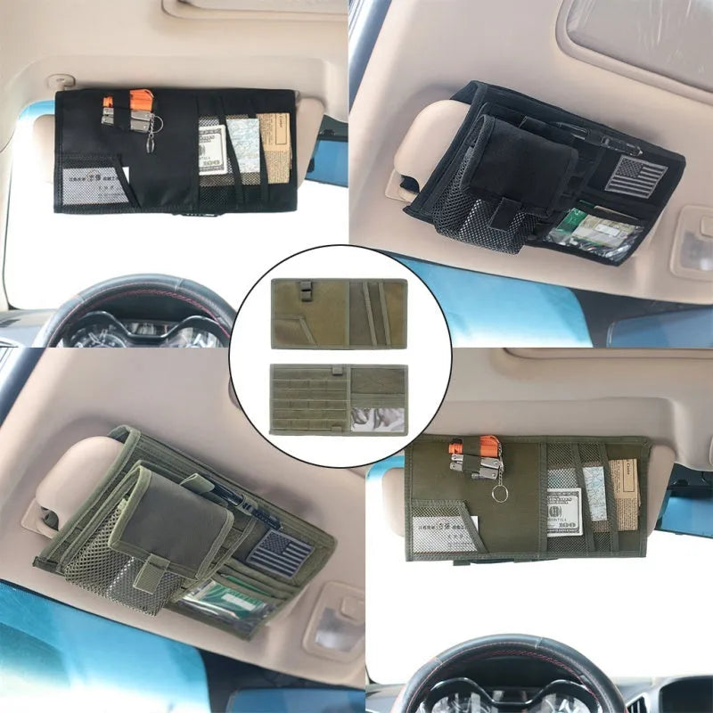 Vehicle sun visor organizer 1000D nylon 36cm by 35cm in black with storage pockets
