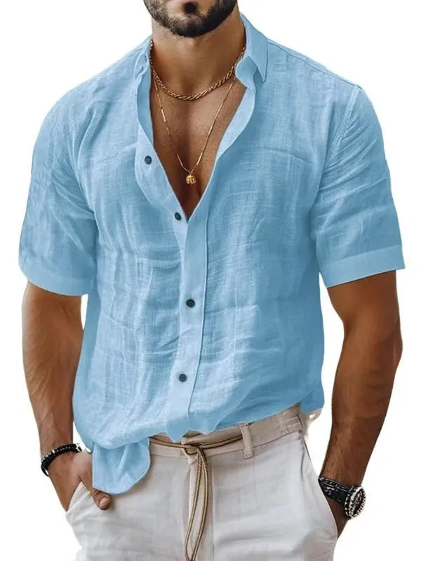 Men's solid colour lapel shirt with short sleeves in cotton linen blend fabric