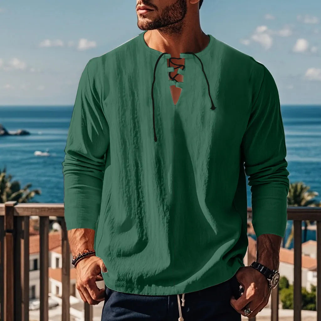 Solid colour cotton linen beach ruff shirt in a loose pullover style.
