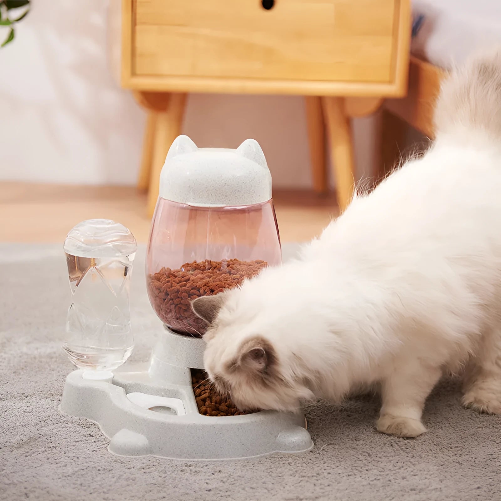 Pet two-in-one automatic gravity feeder for cats and dogs, 30.5cm height, grey colour, with anti-slip base and removable lid