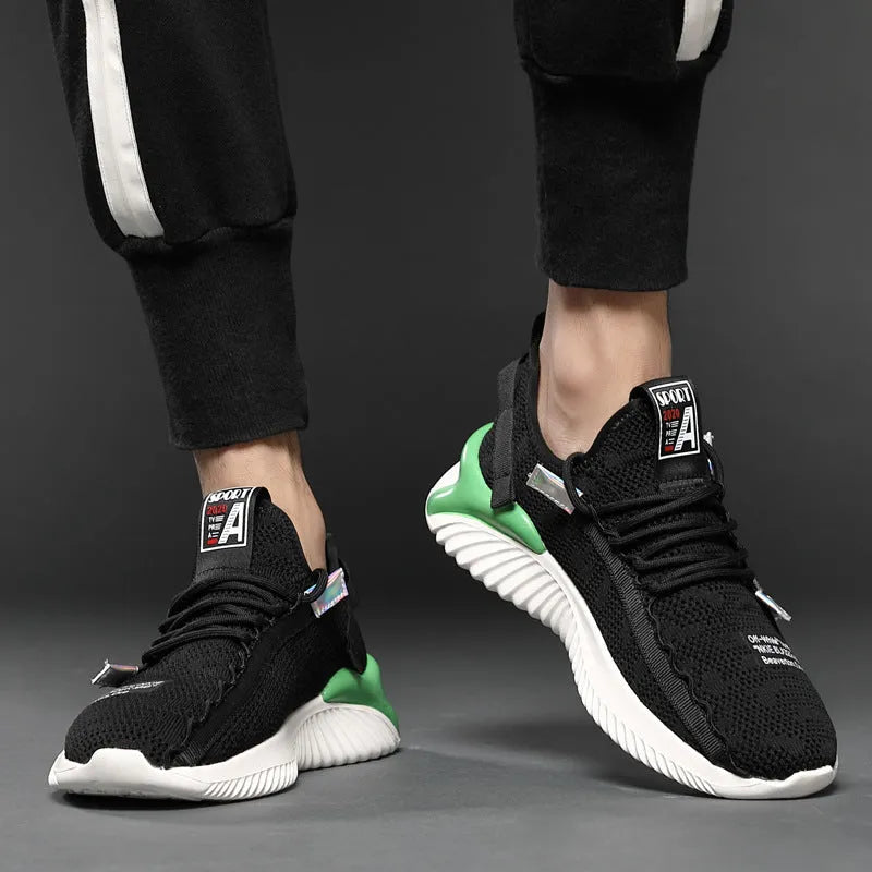Men's breathable mesh trainers with flying woven upper and rubber plastic sole, white or black, sizes 38-44 EU
