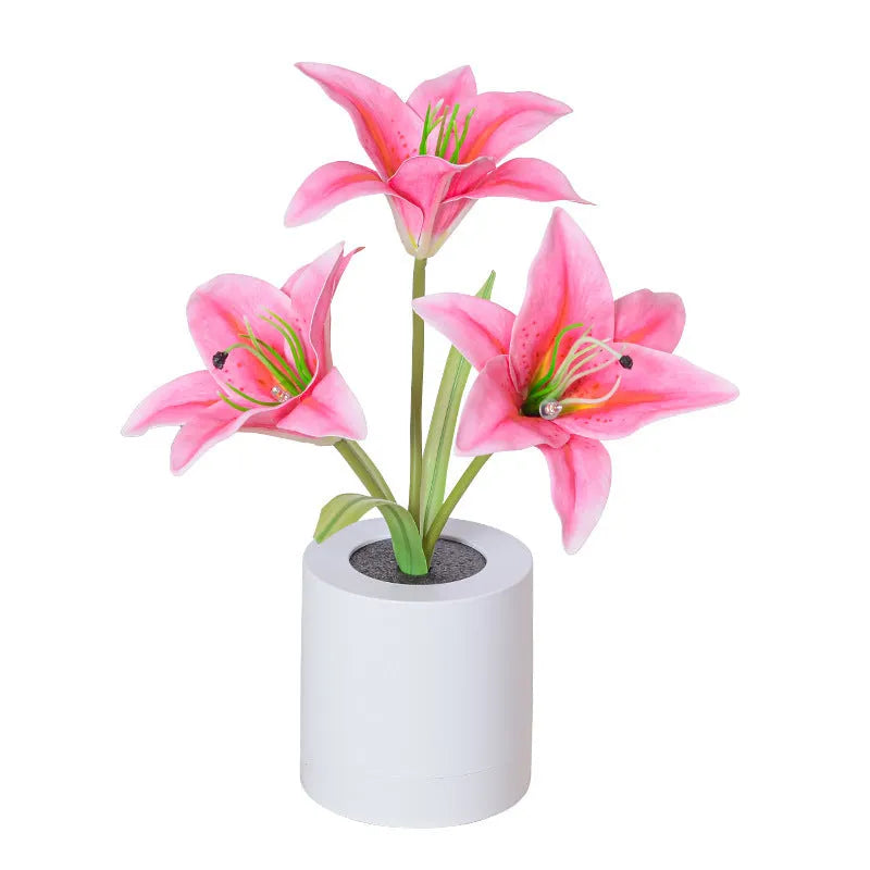 Rechargeable LED lily flower pot lamp with lily-white glow, flower shape on tabletop