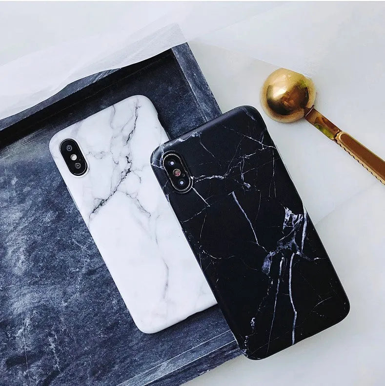 White marble silicone phone case compatible with Apple iPhone X and XS models, back cover with flexible material