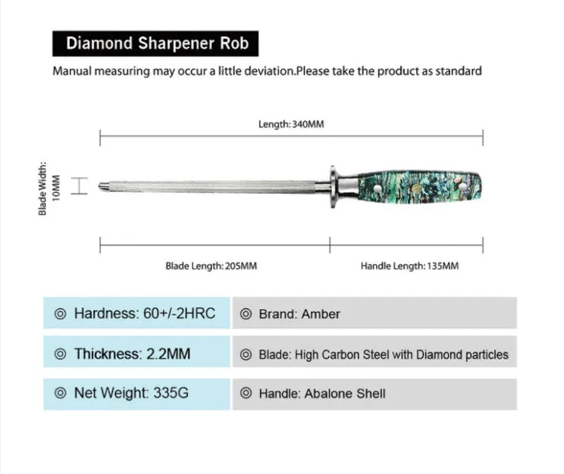 Manual high-carbon steel knife sharpener with abalone shell handle.