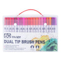Set of watercolour brush pens in multiple colours with brush tips, arranged in a case.